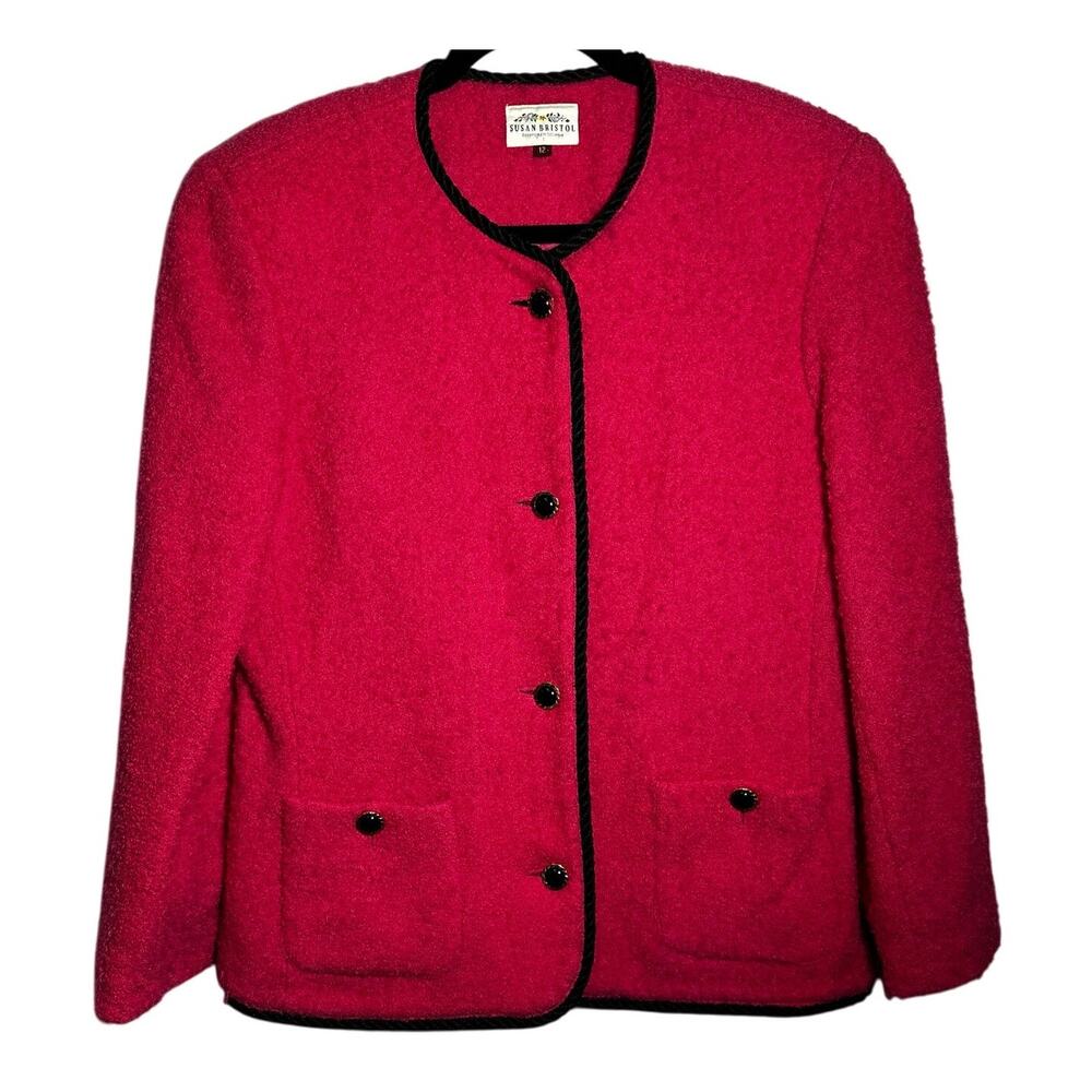 Susan Bristol Pink Black Worsted Wool Blend Suit Jacket Blazer Size 12 Vintage